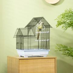 PawHut Kovinska kletka za ptice z ročajem, ptičja hišica s snemljivim pladnjem, zatiči in plastično gugalnico, 39x33x47 cm, bela, bela