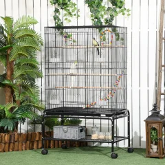 PawHut Jeklena kletka za ptice z gredicami, igračami, posodami za hrano in odstranljivim pladnjem, 79x49x133 cm, črna