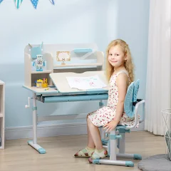 HOMCOM Šolska pisalna miza s stolom za otroke od 3 do 12 let z nastavljivo višino, nagibnim vrhom in oblazinjenimi blazinami, jeklo in MDF, svetlo modra
