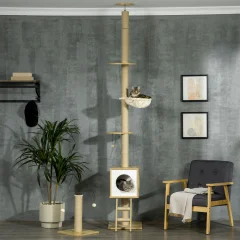 PawHut Višinsko nastavljivo drevo za mačke iz ivernih plošč s praskalnikom za mačke, mačjo hišico, mačjo visečo mrežo in žogo za igranje, 40x40x225-285 cm