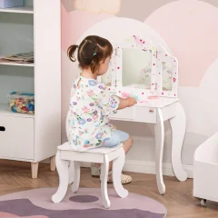 HOMCOM Otroška toaletna mizica z lesenim stolčkom, mizica za ličenje s trojnim ogledalom in predalom, 63x40x85,5 cm, bela