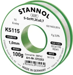 Stannol KS115 spajkalna žica\, neosvinčena tuljava Sn99\,3Cu0\,7 100 g 1 mm Neosvinčena žica za spajkanje Stannol KS115 SN99Cu1 100 g 1.0 mm