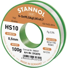 Stannol HS10 2510 spajkalna žica\, neosvinčena tuljava Sn95\,5Ag3\,8Cu0\,7 ROM1 100 g 0.5 mm