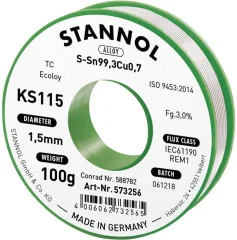 Stannol KS115 spajkalna žica\, neosvinčena tuljava Sn99\,3Cu0\,7 100 g 1.5 mm Neosvinčena žica za spajkanje Stannol KS115 SN99Cu1 100 g 1.5 mm