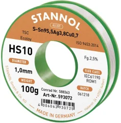 Stannol HS10 2510 spajkalna žica\, neosvinčena tuljava Sn95\,5Ag3\,8Cu0\,7 ROM1 100 g 1 mm