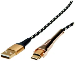 ROLINE GOLD USB 2.0 kabel za sinhronizacijo in polnjenje\, tip A - C\, ST/ST\, z zabavno podporo za pametni telefon Roline USB kabel USB 2.0 USB-A vtič\, USB-C® vtič 1.00 m črna\, zlata zašč