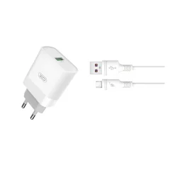 Polnilec za telefon XO L63 QC 1xUSB bel + microUSB kabel