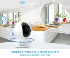 Kamera Reolink E1 ZOOM, brezžična WiFi, 5MP Super HD, 3x Zoom povečava, nočno snemanje, senzor gibanja, aplikacija, dvosmerna komunikacija, vrtljiva 355°/50°, bela