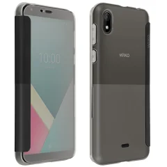 Original Wiko Y61 Folio Easy Case, veliko pametno okno - ogljeno siva