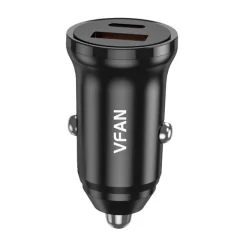 Avtopolnilec Vipfan C03, USB + USB-C, 20W, PD + QC 3.0 (črn)