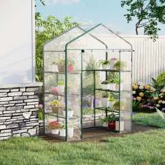 Outsunny pravokotni rastlinjak za vrt in teraso 143x73x195cm, PVC ponjava in 8 polic, dvižna vrata na tečajih
