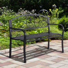 Outsunny dvosedežna zunanja klop, ergonomska vrtna klop s cvetličnim vzorcem in kovinskimi nasloni za roke, črna, 129x50x91 cm
