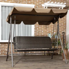 Outsunny Vrtna gugalnica za 3 osebe z nastavljivo streho za sonce, PE ratan in jeklena gugalnica, 167x112x153 cm, rjava barva
