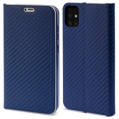 Moozy Venus Wallet Case za Samsung A51, temno moder Carbon – Metallic Edge Protection Flip Cover z magnetnim zapiranjem in držalom za kartice