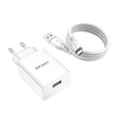 Vipfan E03 omrežni polnilnik, 1x USB, 18W, QC 3.0 + kabel Micro USB (bel)