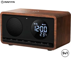 MANTA RDI912 RIMINI radijski sprejemnik / ura / budilka / brezžični polnilec, 5v1, FM Radio, Bluetooth 5.1, polnilna baterija, microSD / AUX / USB Type-C, črn (Velvet Black)