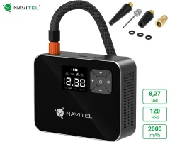 Brezžična zračna tlačilka NAVITEL AIR 15 AL , 120PSI/8.27bar, polnilna baterija, zaslon, merilnik tlaka, LED svetilka, 4 adapterji, + torba