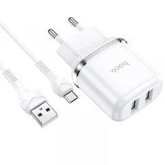 HOCO pametni hišni polnilec N4 12W z 2,4A z 2x USB vtičem in s polnilnim kablom Micro USB bel