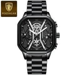 POEDAGAR 922 Moški Chronograph kvadratni Watch: Združitev elegance in natančnosti pri merjenju časa Steel Black