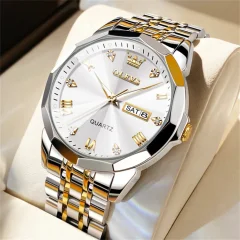 OLEVS 9931 Moški rombasto ogledalo izvirno Quartz Watch: Izvirna ročna ura iz nerjavnega jekla za prefinjeno merjenje časa, vodoodporna, svetleči roki Silver-gold