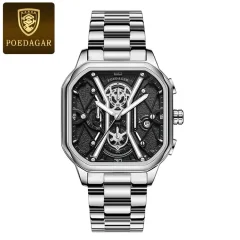 POEDAGAR 922 Moški Chronograph kvadratni Watch: Združitev elegance in natančnosti pri merjenju časa Steel Silver