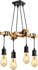 Vintage viseče luči - Industrijska stropna luč iz lesa in črne kovine, 4 žarnice E27 (niso priložene), največja moč 60 W, za dnevno sobo ali restavracijo
