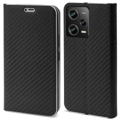 Moozy Wallet Case za Xiaomi Redmi Note 12 Pro 5G / Xiaomi Poco X5 Pro, črn ogljik - preklopna torbica s kovinskim dizajnom obrobe, preklopni pokrov z magnetnim zapiranjem z držalom za kartic