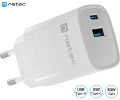 Natec RIBERA GaN polnilec, 30W, 1x USB-A, 1x USB-C, PD 3.0, QC 3.0, protokol PPS, univerzalna kompatibilnost, tehnologija GaN, varnostne zaščite, bel