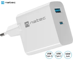 Natec RIBERA GaN polnilec, 45W, 1x USB-A, 1x USB-C, PD 3.0, QC 3.0, protokol PPS, univerzalna kompatibilnost, tehnologija GaN, varnostne zaščite, bel