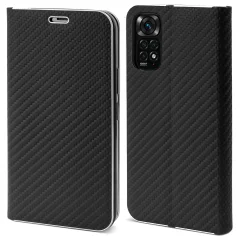 Moozy Venus Wallet Case za Xiaomi Redmi Note 11 / 11S, črn ogljik - preklopna torbica s kovinskim dizajnom obrob, preklopna preklopna prevleka z magnetnim zapiranjem z držalom za kartico in