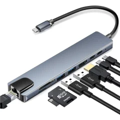 8-vratno zvezdišče USB-C z USB, UBC PD, HDMI, RJ45, pomnilniško kartico Grey