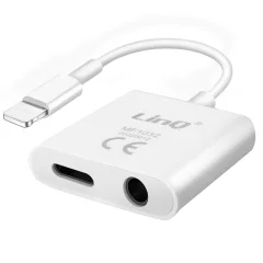 iPhone 2 v 1 Lightning to Jack 3,5 mm Jack Audio Lightning Charge Adapter Plug and Play, LinQ - bel