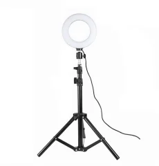 Vrtljiv selfie obroč na stojalu z LED lučkami, 20 cm - črn
