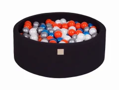 MeowBaby® Bazen z žogicami, 90x30 cm z 200 žogicami, bombaž, črna: biserno modra/biserno bela/oranžna/srebrna