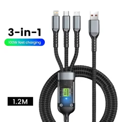 3 v 1 Flash USB-A Micro Lightning Type-C 100 W podatkovni kabel za hitro polnjenje