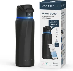 WaterH BOOST - Pametna steklenička za vodo z opomnikom za pitje vode in sledilcem vode - Dvostenska jeklena steklenička za pitje - široka odprtina - 946 ml - črna