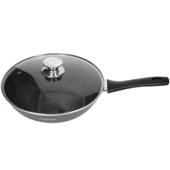 Cheffinger, Wok 28 cm z Marmoriranim Premazom s Steklenim Pokrovom in Ro?ajem Soft-grip, ?rna