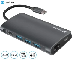 Natec FOWLER 2 adapter USB hub, 3x USB-A 3.0, 1x HDMI, 1x Ethernet RJ-45, 1x USB-C, 1x SD/microSD, max 4K UHD, 5 GB/s, Plug&Play, Power Delivery 3.0, 100W, siv