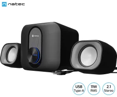 Natec PUG računalniški zvočniki, 2.1 STEREO, 11W RMS, Plug & Play, USB-A, 3.5mm minijack, nadzor glasnosti, LED osvetlitev, črni