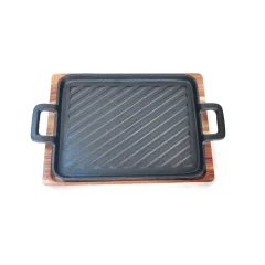 Grill King Cast Iron BBQ grill plancha z integriranimi ročaji in podstavkom iz akacijevega lesa, 32x15 cm