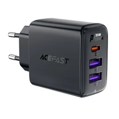 PD 35W GaN stenski polnilnik s 3 vhodi 2x USB-A + USB-C črn