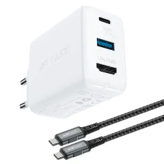 Stenski polnilec 2v1 s kablom USB-C + USB-C - adapter HDMI 4K bel