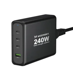 GaN 240W USB-A 3x USB-C stenski polnilec, črn