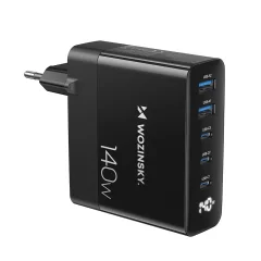 Omrežni polnilec 100-240V GaN 140W 3x USB-C / 2x USB-A črn