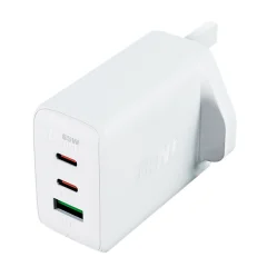 Omrežni polnilec Angleški vtič UK GaN 65W 1x USB 2x USB-C PD bel