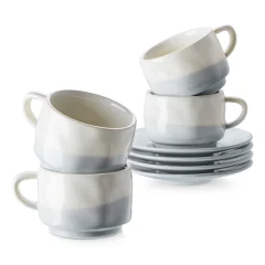 DOWAN komplet 4 skodelic za espresso s podstavki, skodelice za demitasse iz porcelana s prostornino 88 ml, keramične skodelice za kavo, modre in bele