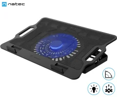 Natec DIPPER 2 hladilno stojalo za prenosnike, do 17.3", 6 stopenj naklona, 180mm ventilator, nastavljiva hitrost, LED osvetlitev, 2x USB Type-A, črno