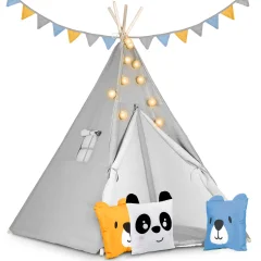 Nukido Kids Teepee Tent with Lights and Cushions - Gray Play Tent for Indoor and Outdoor Fun