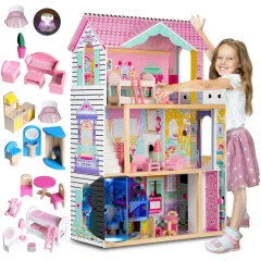 Large 3-Story Wooden Dollhouse with Elevator and LED Lights for Kids