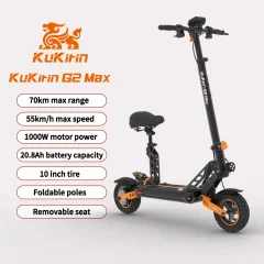 KuKirin G2 Max električni skuter: 1000 W motor, 55 km/h, 70 km dosega, 10" terenske pnevmatike, nastavljiv sedež in krmilo